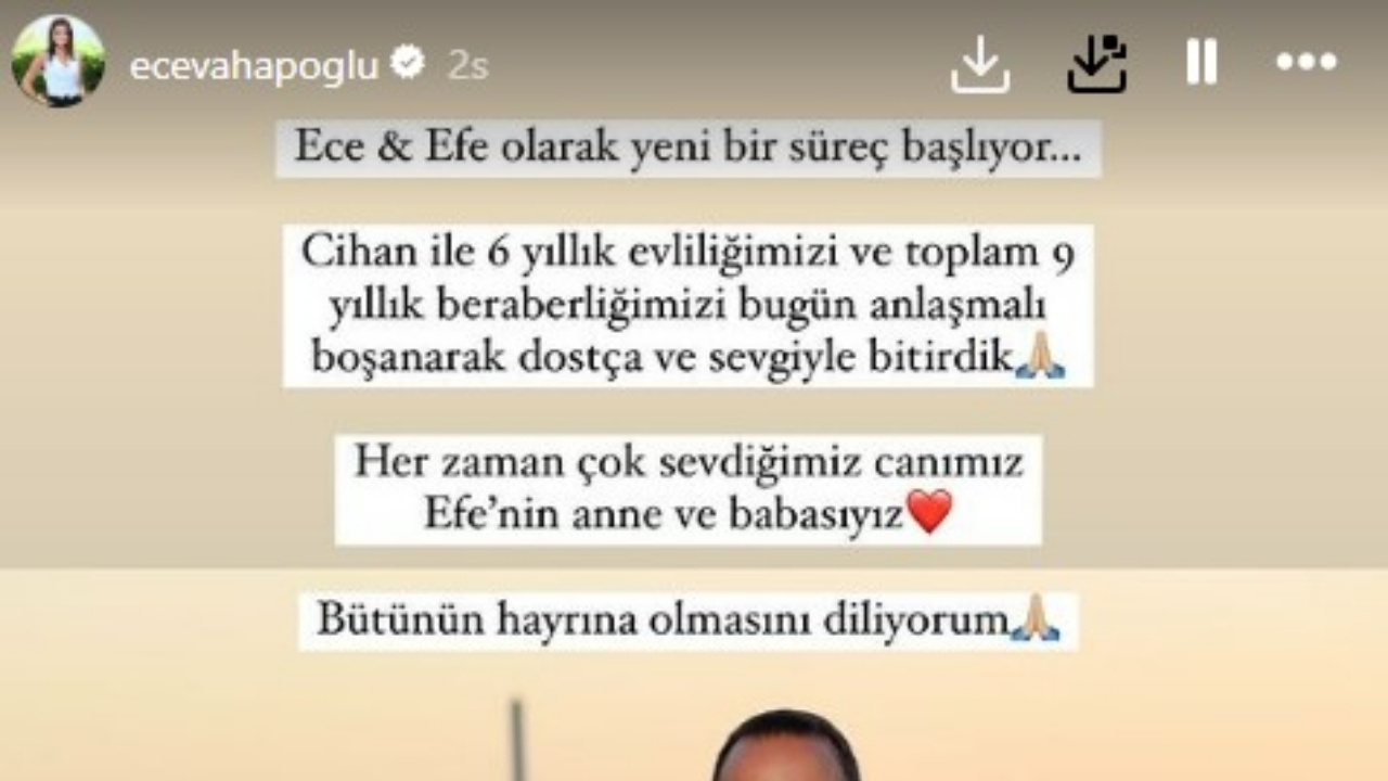 Ece Vahapoğlu'nun sosyal medyadan yaptığı ayrılık açıklaması ekran görüntüsü
