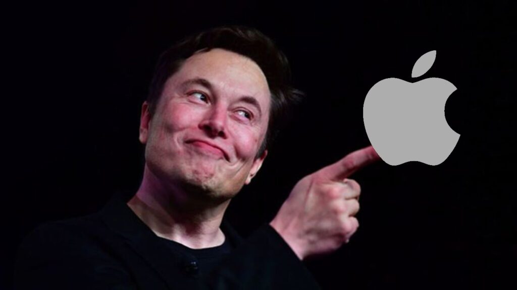 Elon Musk resmi ve yanında Apple logosu