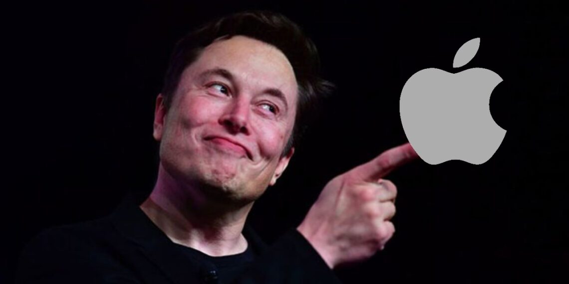 Elon Musk resmi ve yanında Apple logosu