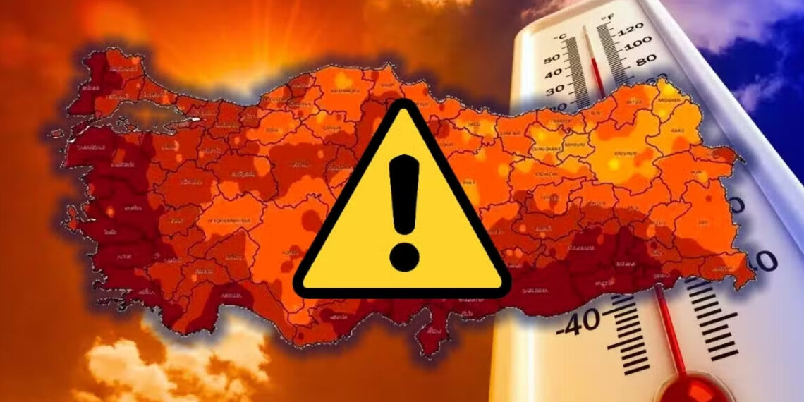 Türkiye'deki sıcaklıkları gösteren bir Türkiye haritası ve alarm işareti