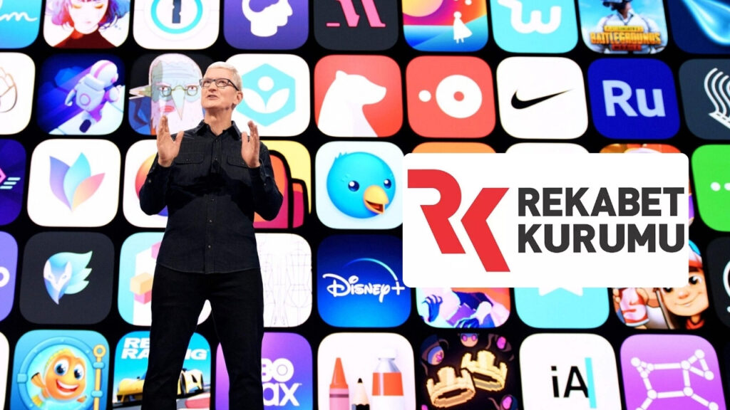 Apple tanıtım etkinliğinden bir kare ve Rekabet Kurumu logosu