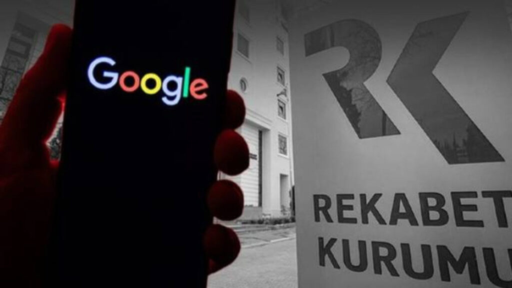 Rekabet Kurumu tabelası ve cep telefonu ekranında Google logosu